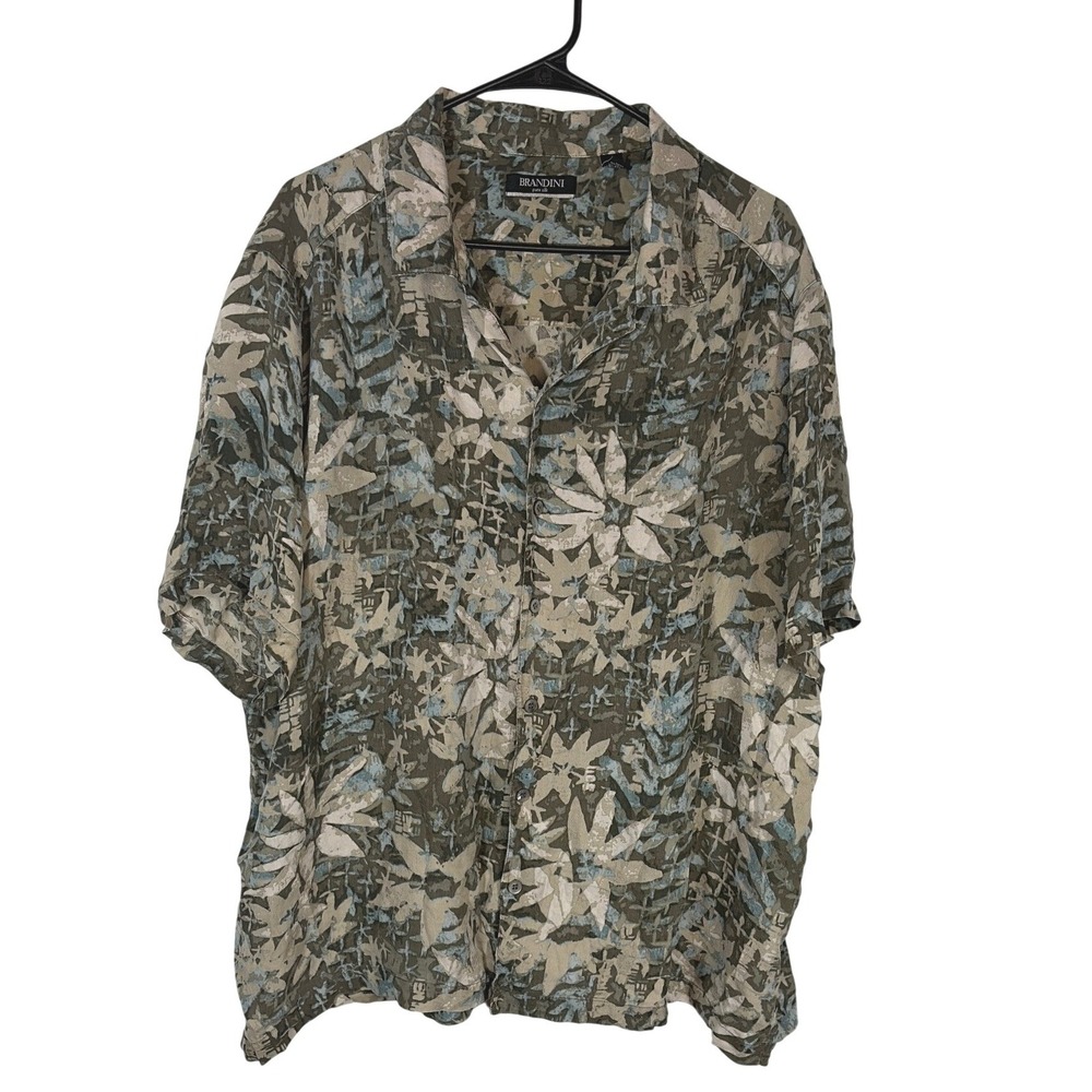 Brandini Mens Tropical Silk Button Down Shirt Floral Green XXL Aloha Resortwear